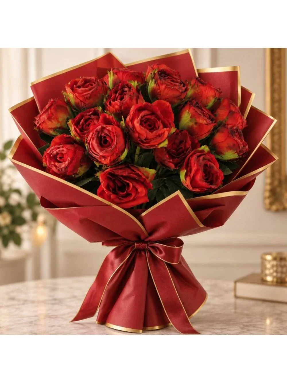 Burnt Edge Artificial Roses, 18 Stem Red Rose Bouquet, 15 Inch Faux Flowers, Wed
